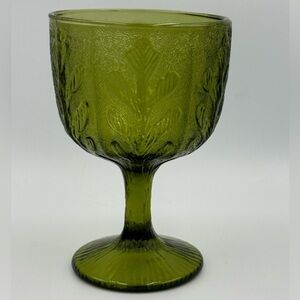 Vintage FTD 1975 Avocado Green Glass Pedestal Candy Dish with Oak Leaf Design